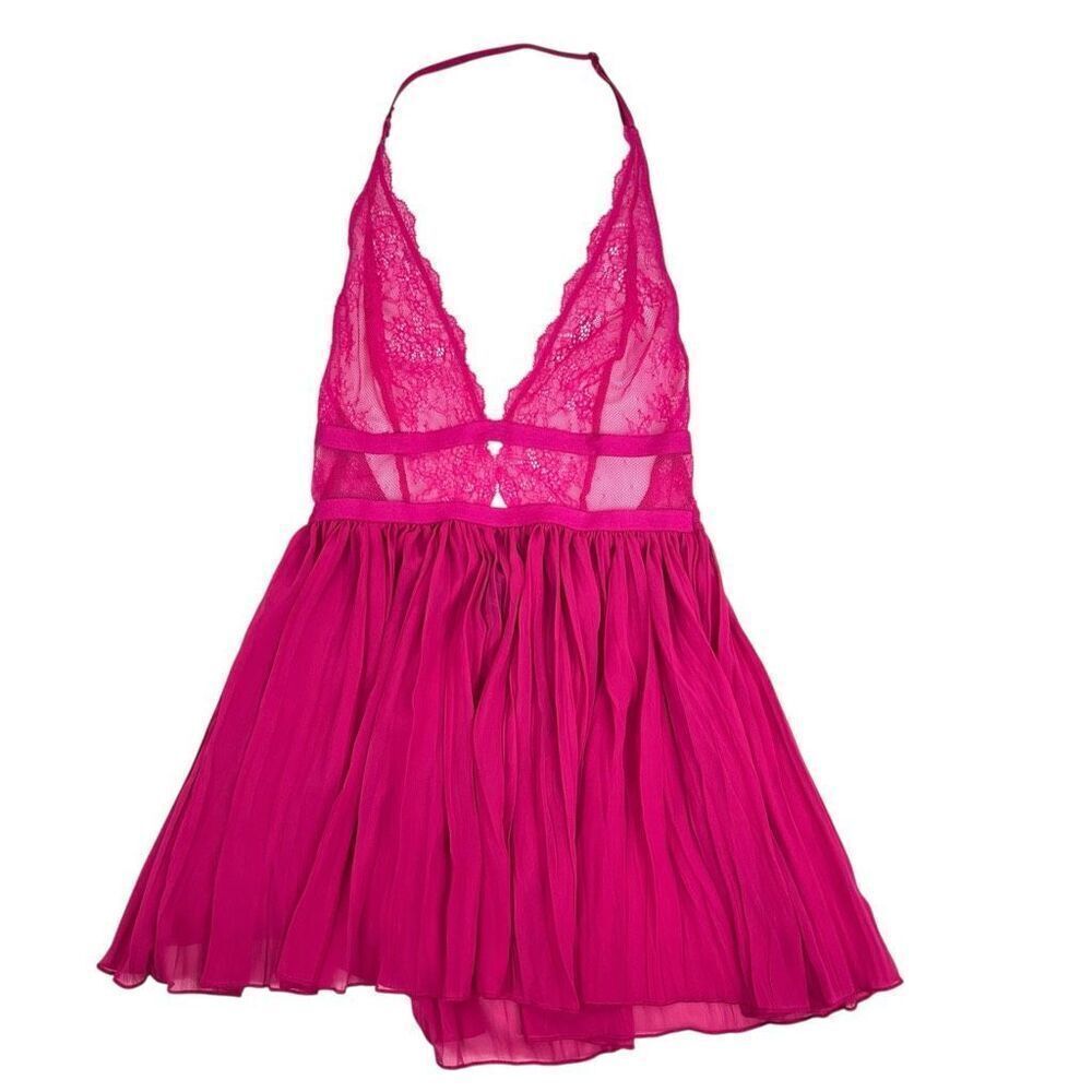 Victoria's Secret Womens Lace Halter Babydoll Chemise Lingerie Dress Magenta XS